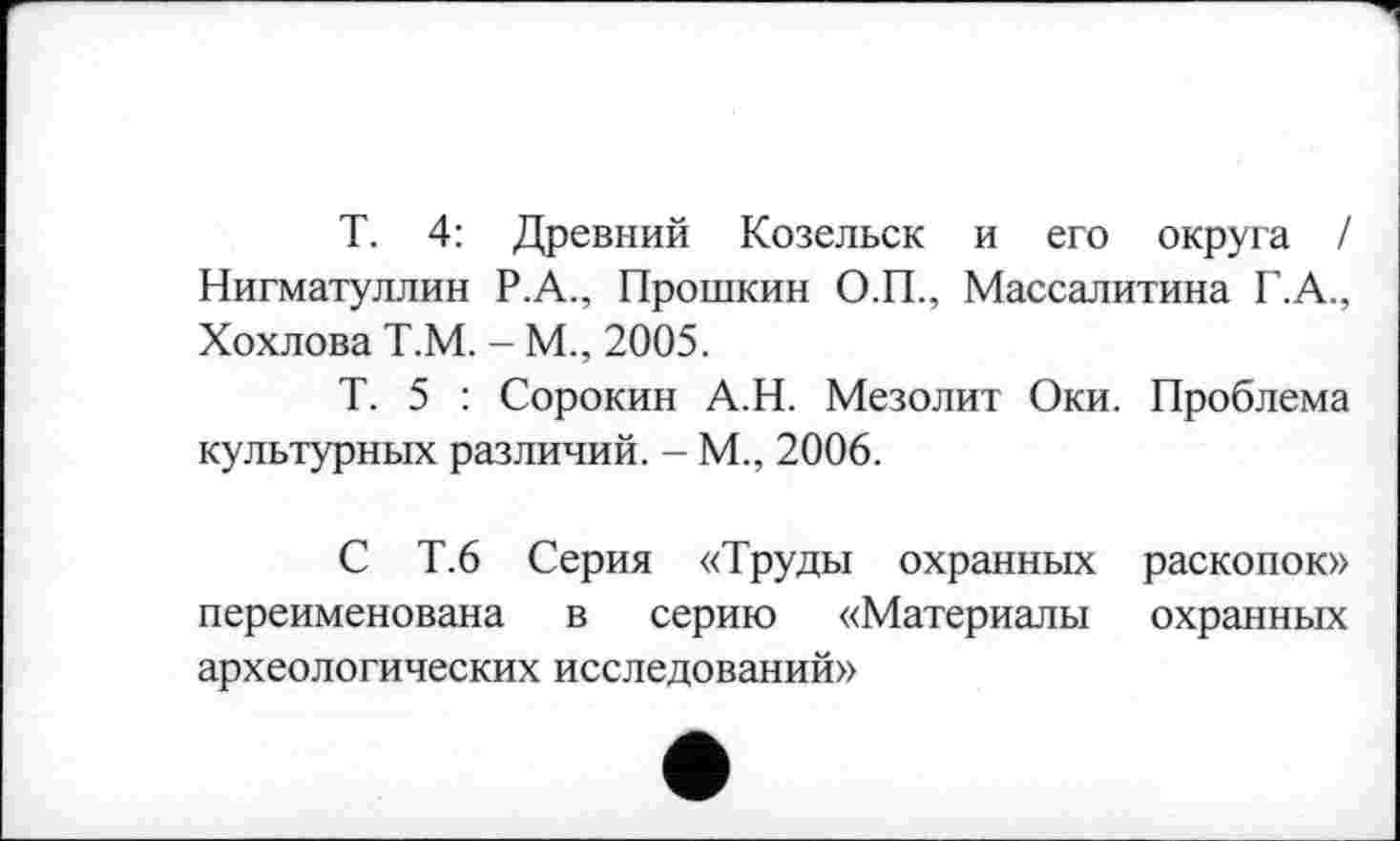 ﻿T. 4: Древний Козельск и его округа / Нигматуллин Р.А., Прошкин О.П., Массалитина Г.А., Хохлова Т.М. - М., 2005.
Т. 5 : Сорокин А.Н. Мезолит Оки. Проблема культурных различий. - М., 2006.
С Т.6 Серия «Труды охранных раскопок» переименована в серию «Материалы охранных археологических исследований»